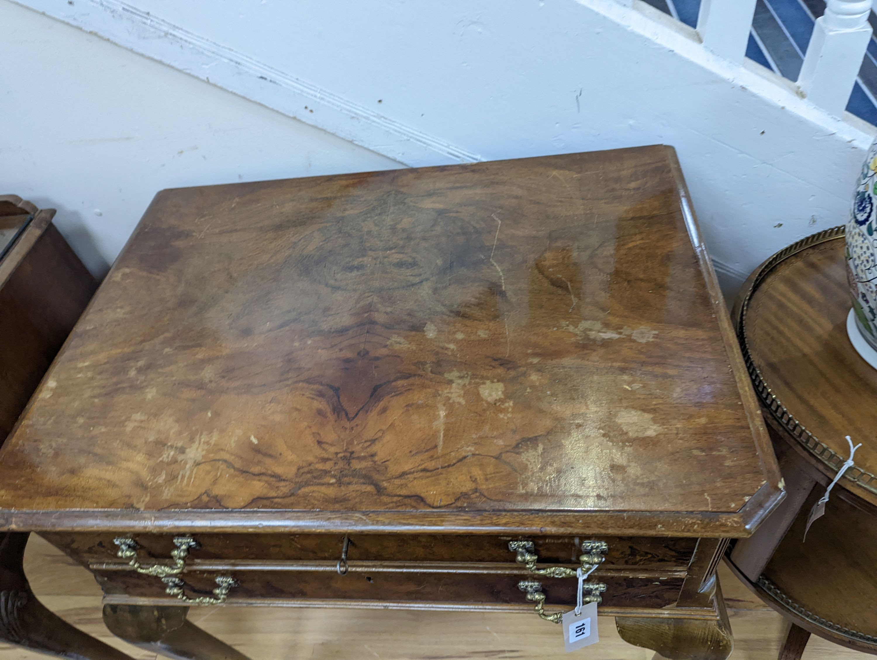 A Queen Anne revival walnut two drawer table canteen, (no contents), width 71cm, depth 51cm, height 78cm